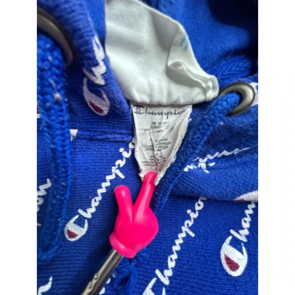 Champion Reverse Weave Hoodie Royal Blue All Over Script Logo Print Mens Large